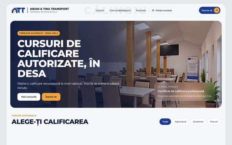 Site-ul Arian & Tina Transport, cu cursurile autorizate