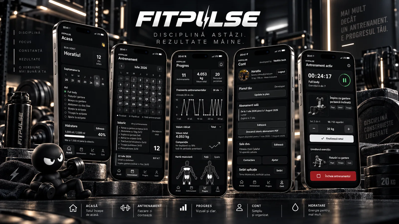 Ecranele aplicației FitPulse pe cinci telefoane