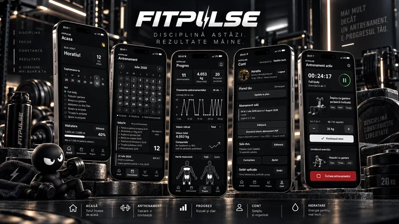 Ecranele aplicației FitPulse pe cinci telefoane