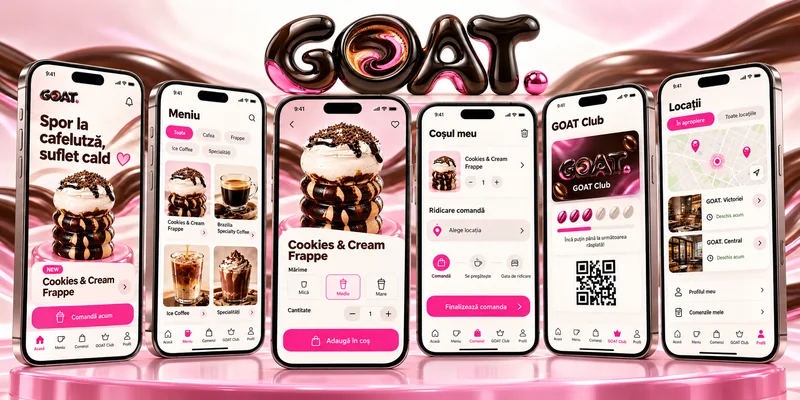 Ecranele aplicației GOAT: meniu, coș, GOAT Club și locații