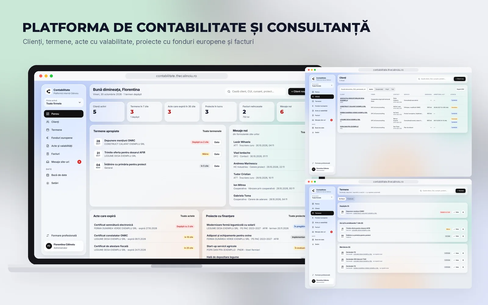 Platforma de contabilitate pe laptop, cu clienții și termenele
